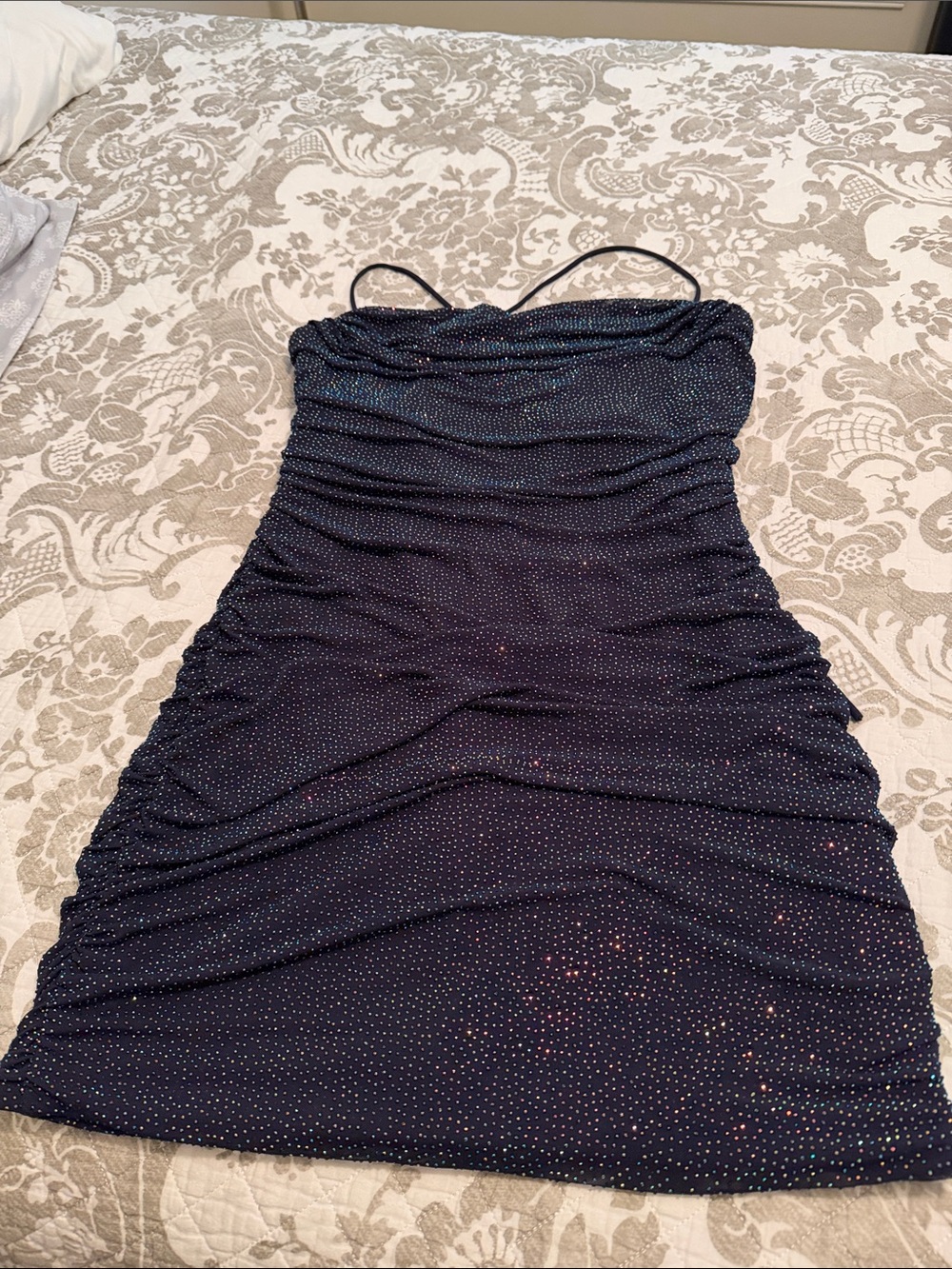 Alyce Paris Navy Ruched Sparkle Dress